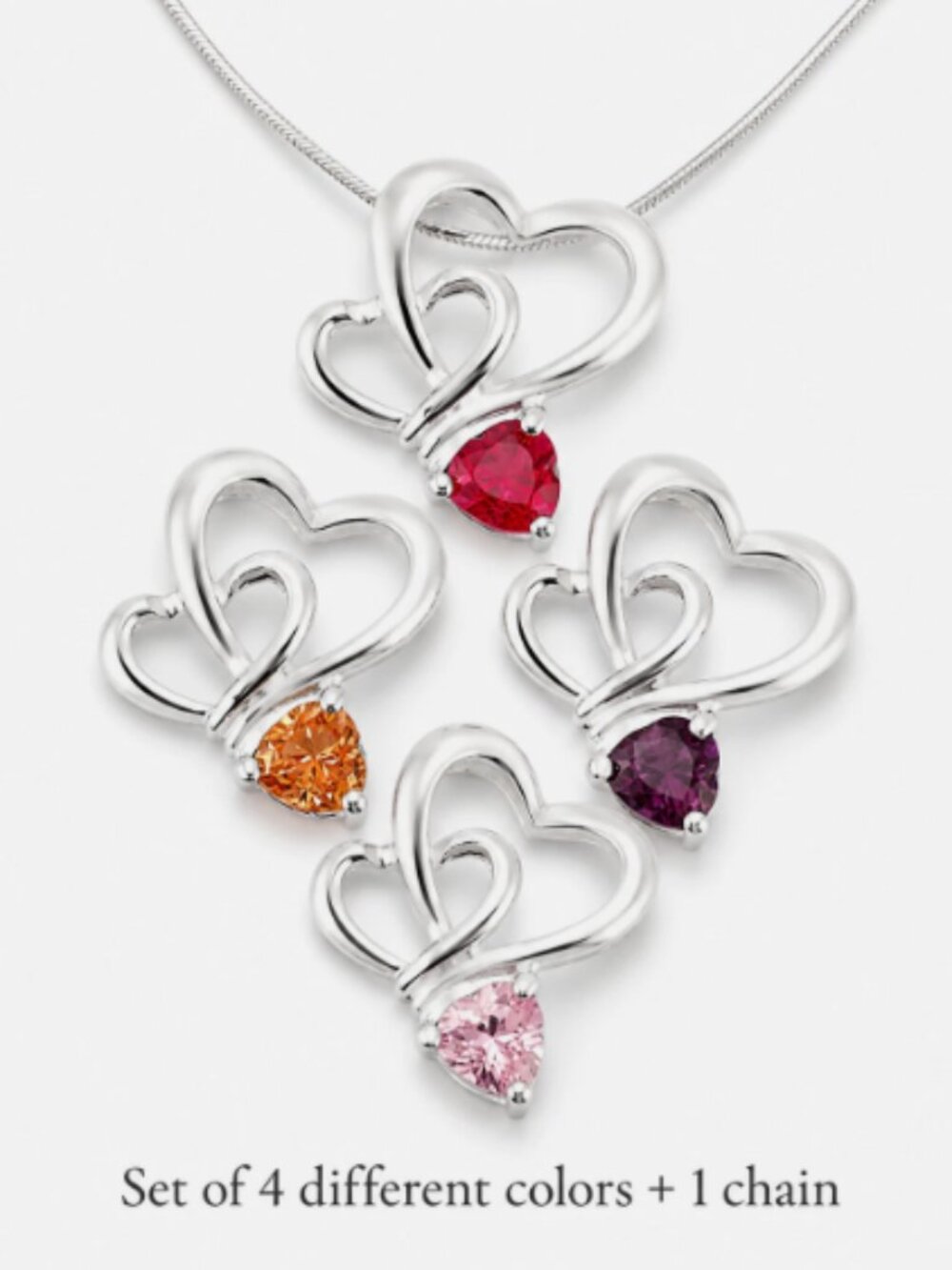 Set of 4 S925 Sterling Silver Double Heart CZ Pendants Love Necklace + 16” Chain